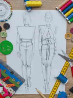 drawing of two figures with art supplies around it