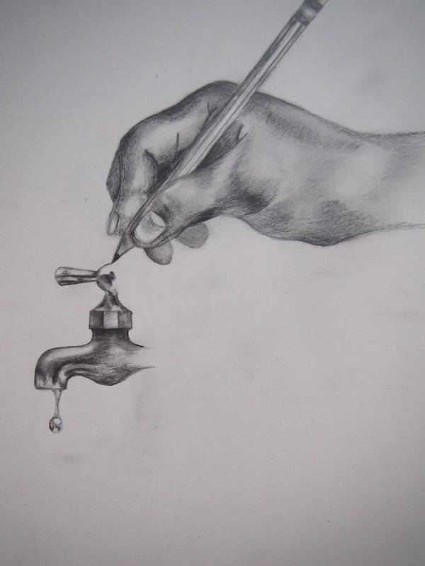 drawing of hand holding pencil drawing a dripping faucet