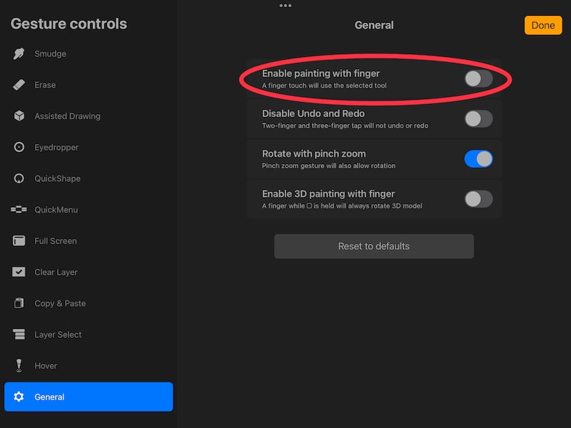 procreate disable finger drawing gesture controls
