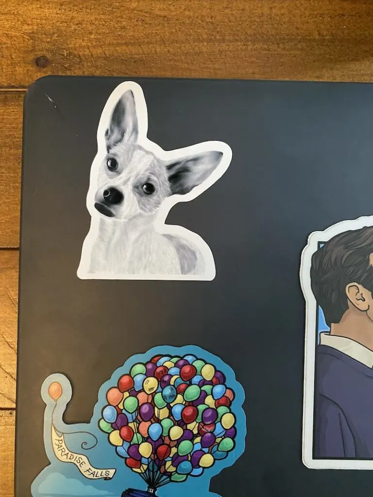 printful dog sticker from procreate art on laptop