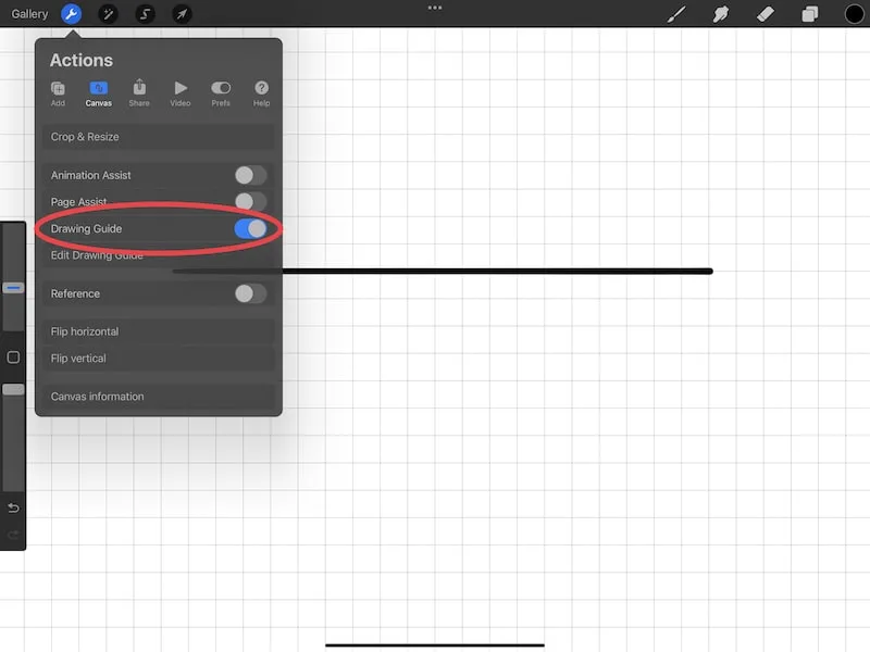 procreate toggle on drawing guide grid straight line