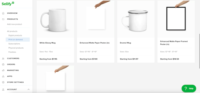 sellfy mug and art print on demand options