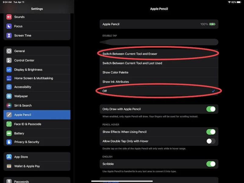 apple pencil double tap eraser and off settings