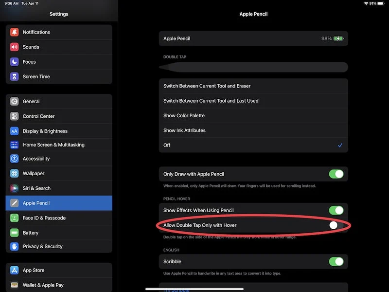 apple pencil double tap with hover