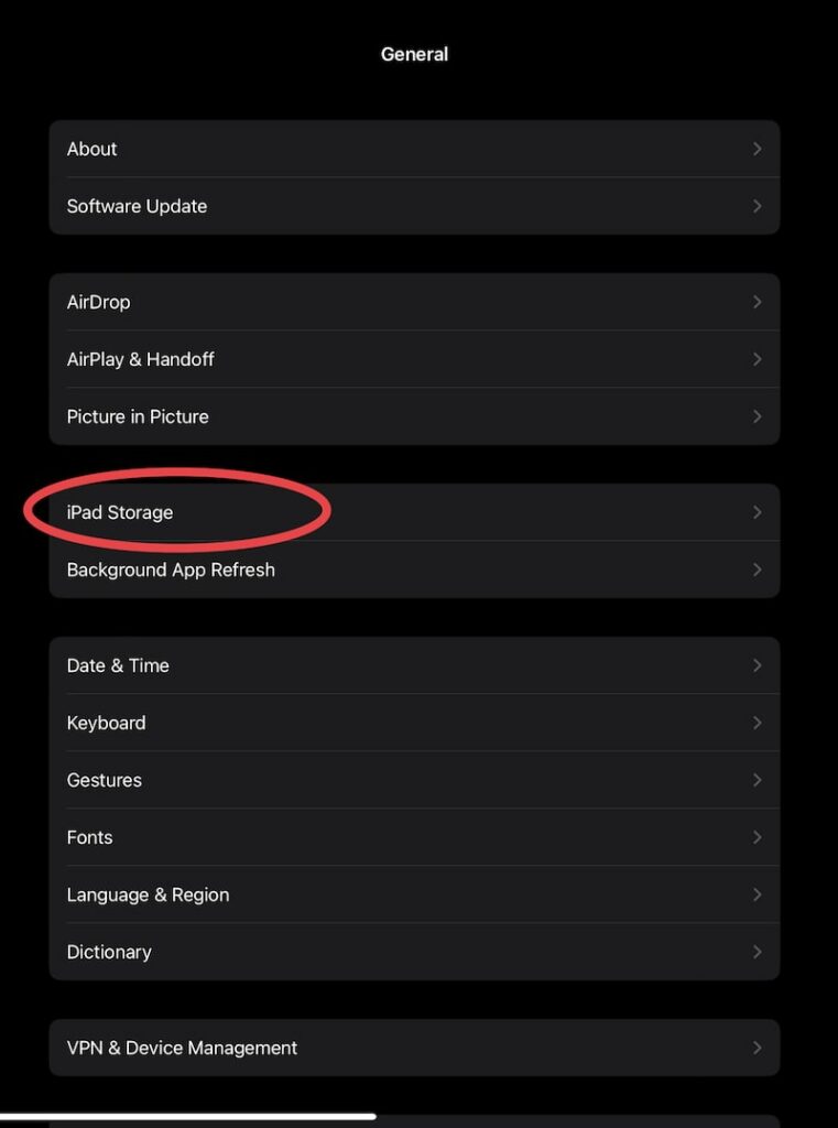 ipad showing ipad storage in settings