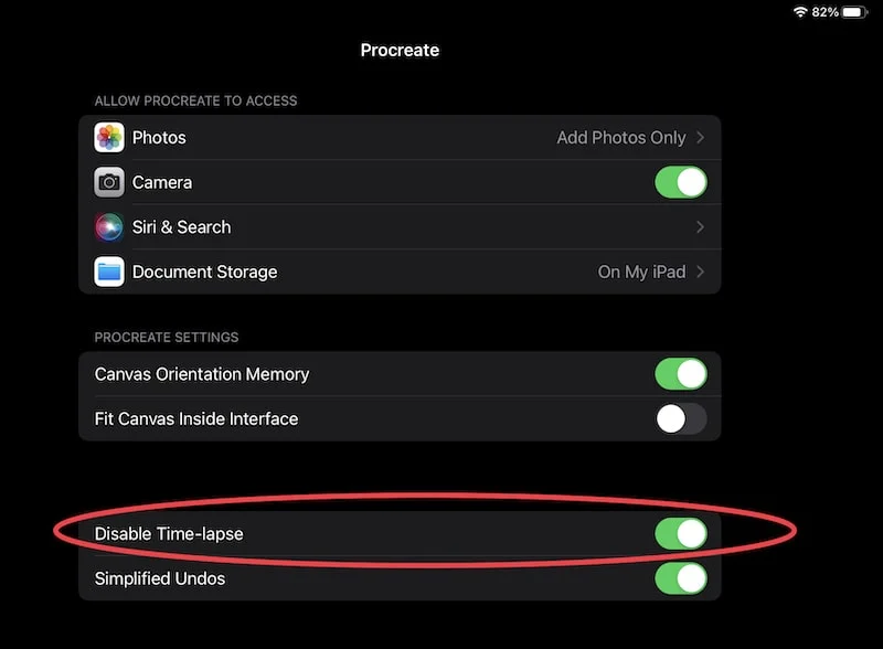 procreate disable time lapse in ipad settings
