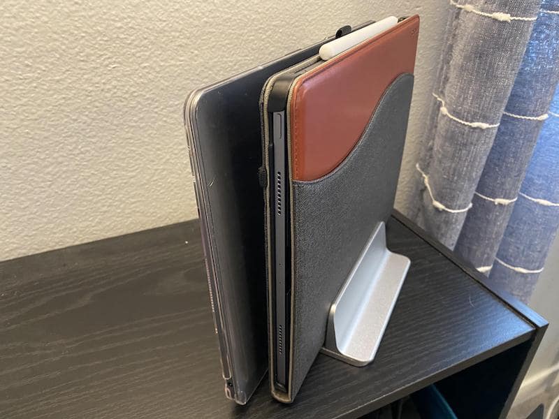 vertical laptop stand with devices