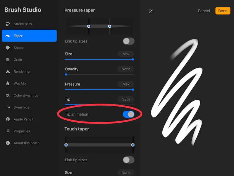 procreate adjust tip animation in brush taper settings
