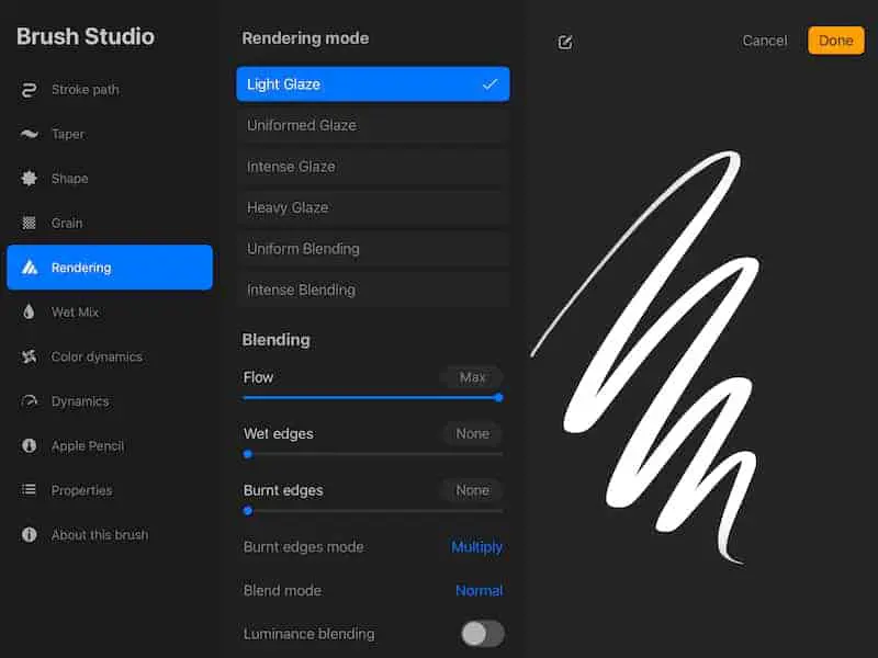procreate rendering and glaze settings