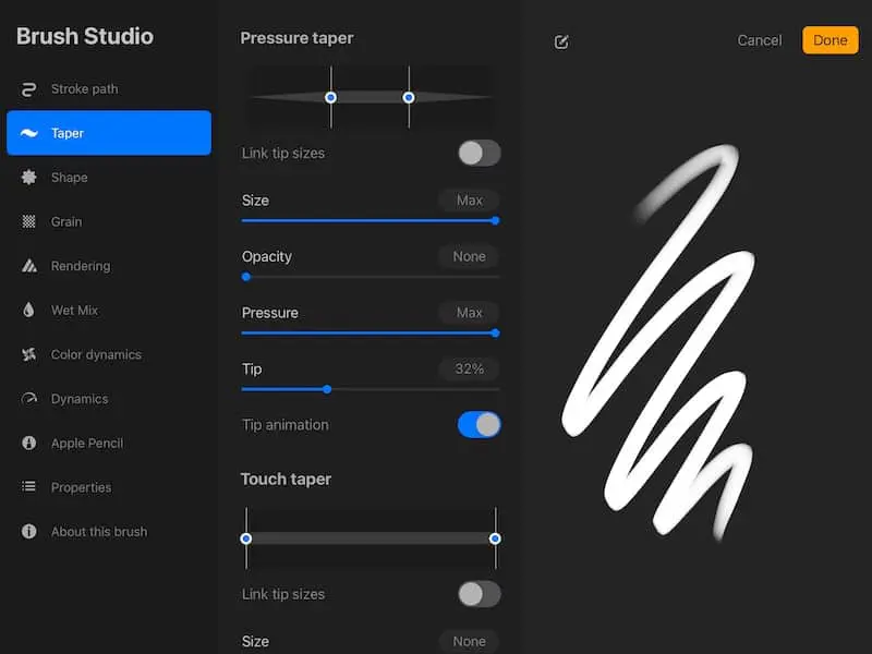 procreate brush taper settings