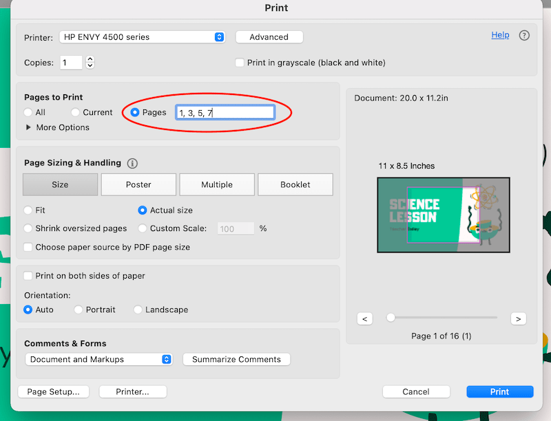 pdf print settings with odd pages selected