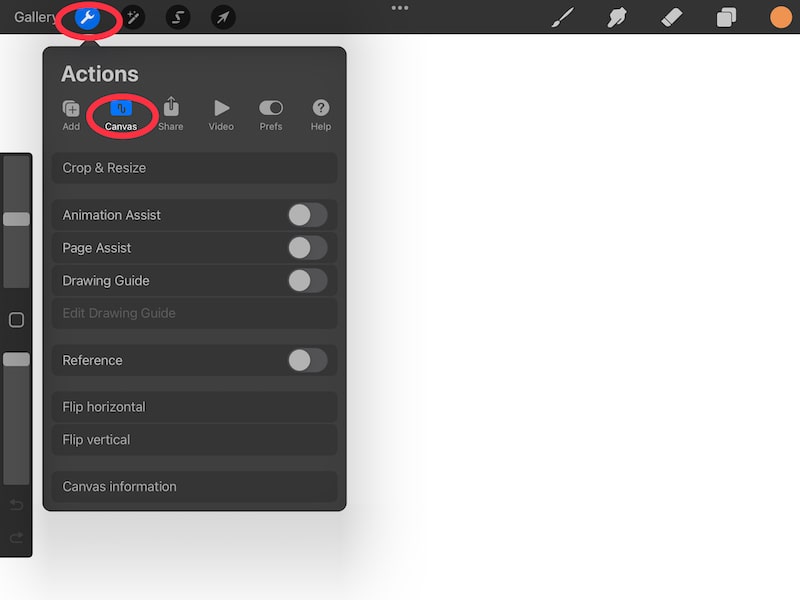 procreate actions menu and canvas option new canvas