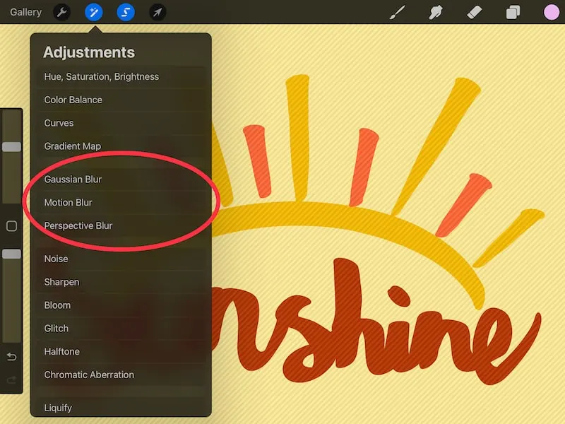 procreate adjustments blur options sunshine