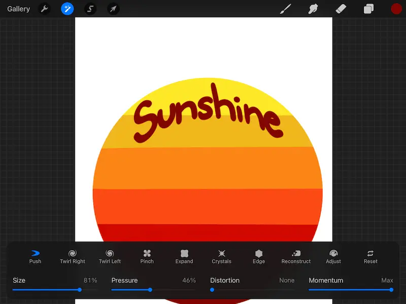 procreate curve text with push tool