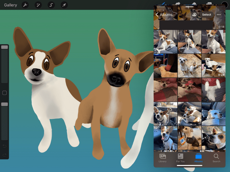 procreate split screen with photo library hovering dog drawing