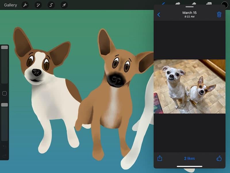 procreate split screen with dog drawing and dog photo