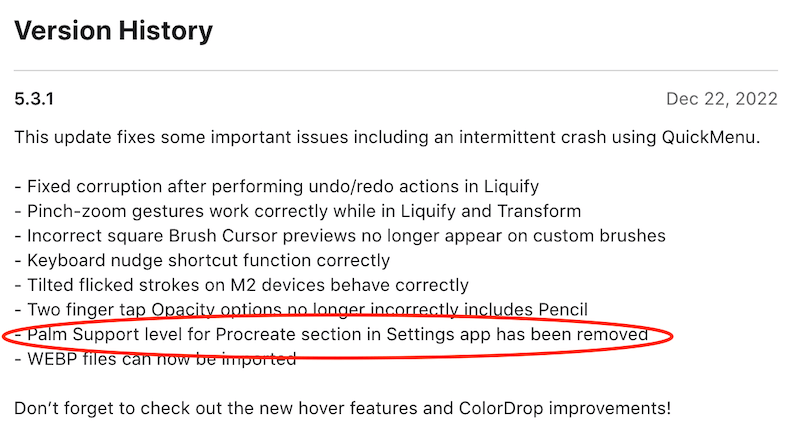 procreate version update palm support removed