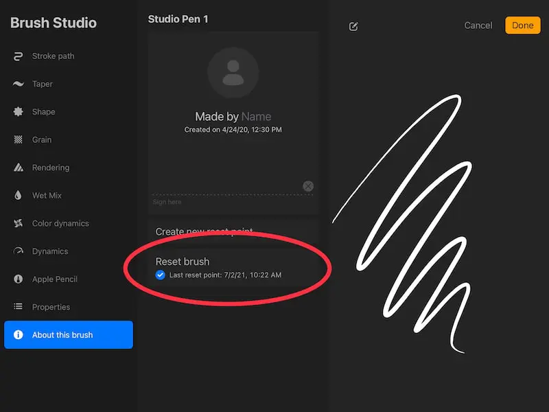 how to reset a Procreate brush