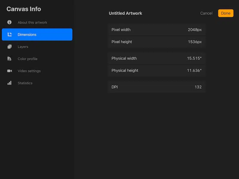 Procreate screen size canvas size