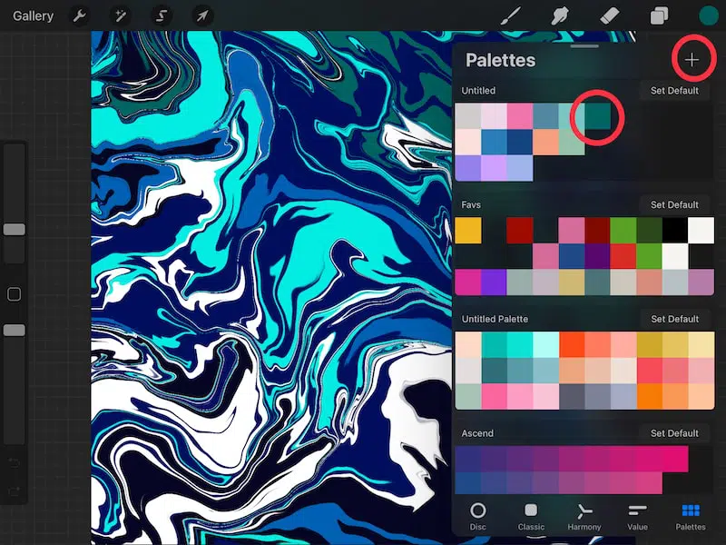 Adding colors to color palettes in Procreate