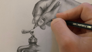 pencil drawing of hand and water spout