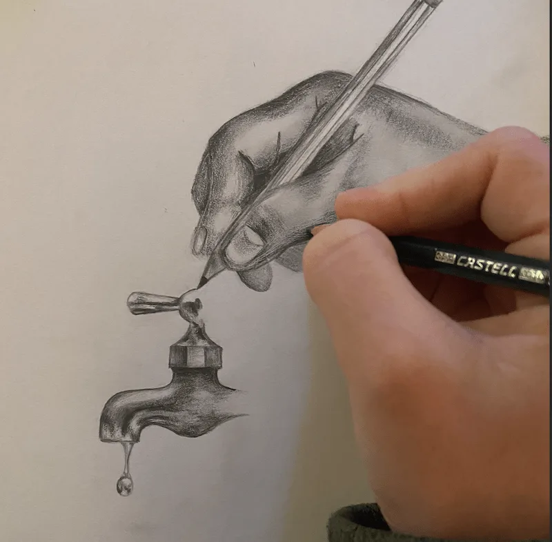 pencil drawing of hand and water spout