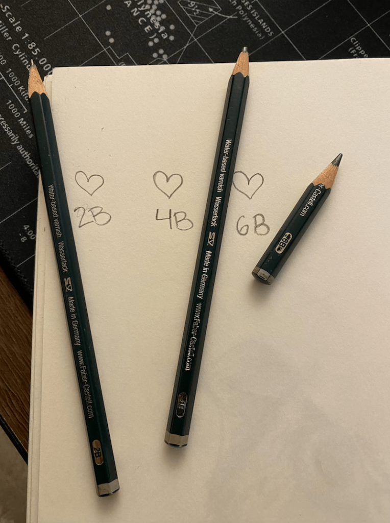 2B, 4B, and 6B pencils