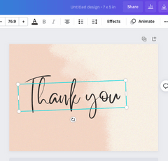 canva thank you card with thank you text selected