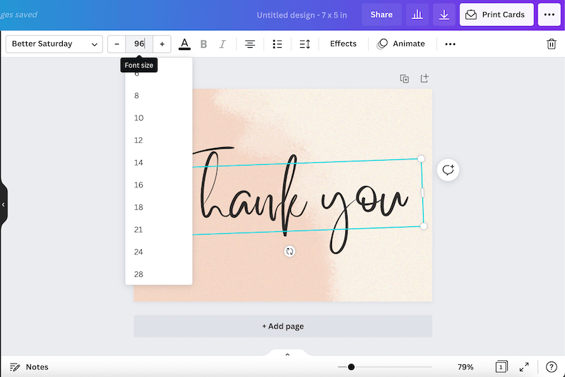 change canva font size on thank you card