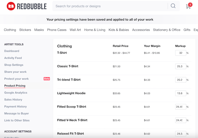 redbubble product pricing page