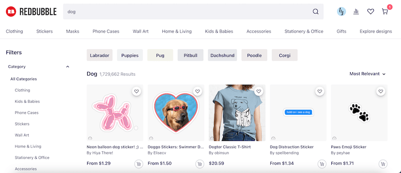 redbubble results page for dog products