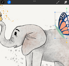 elephant, bird, and butterfly drawing in Procreate