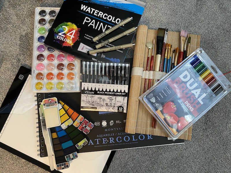 collection of watercolor supplies