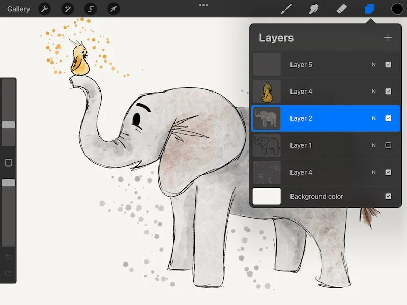 elephant with bird procreate drawing