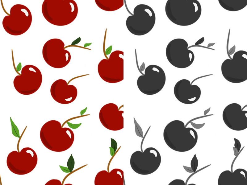 multicolor and grayscale versions of cherry drawing