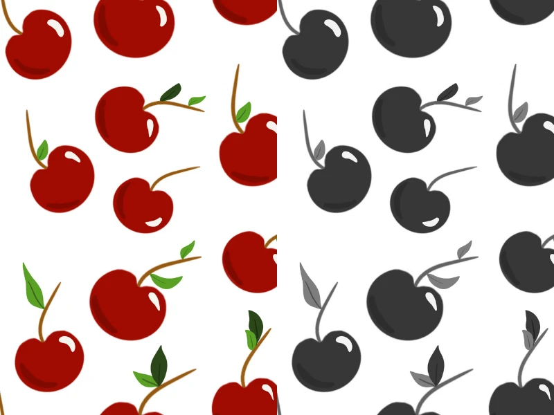 multicolor and grayscale versions of cherry drawing