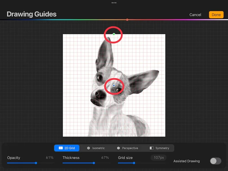 procreate grid rotate and move buttons