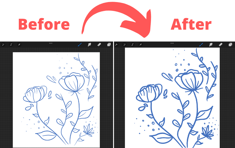 Procreate flower drawing before and after thick lines