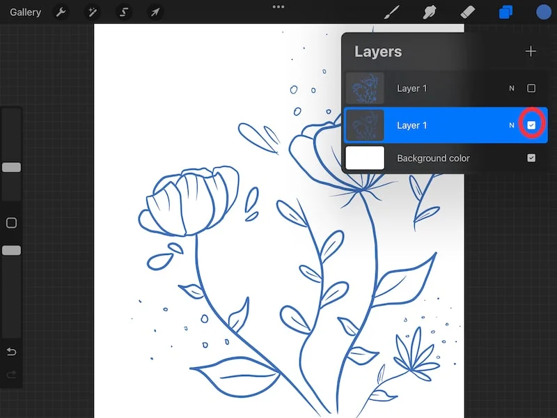 Procreate flower drawing with layer checkmark