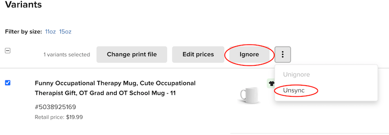 ignore or unsync a printful variant