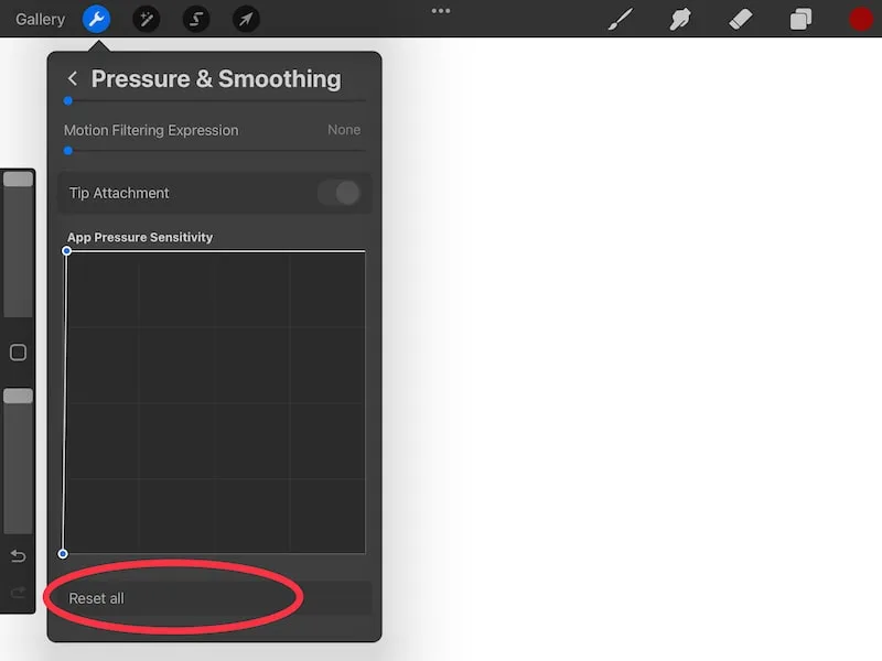 Procreate reset all in pressure and smoothing settings