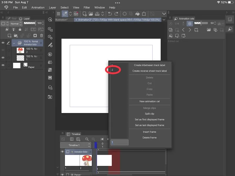 clip studio paint add layer 2 to spot 2 in animation timeline