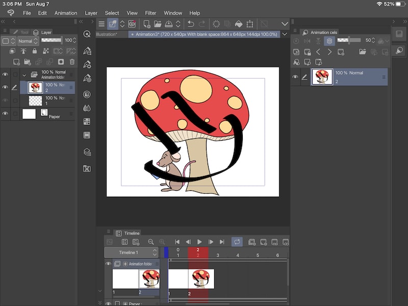 clip studio paint added layer 2 to spot 2 in animation timeline