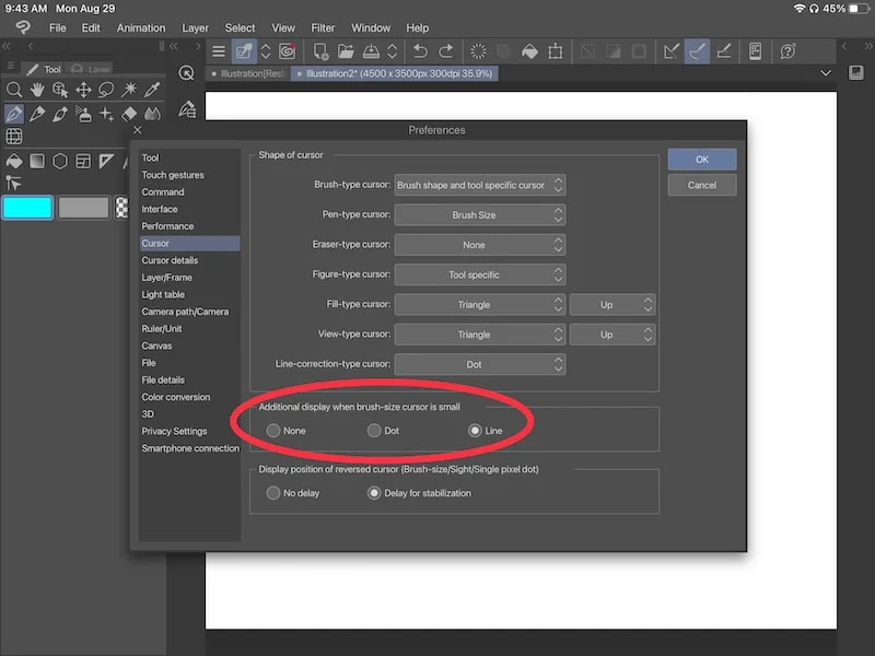 clip studio paint additional display when brush-size cursor is small