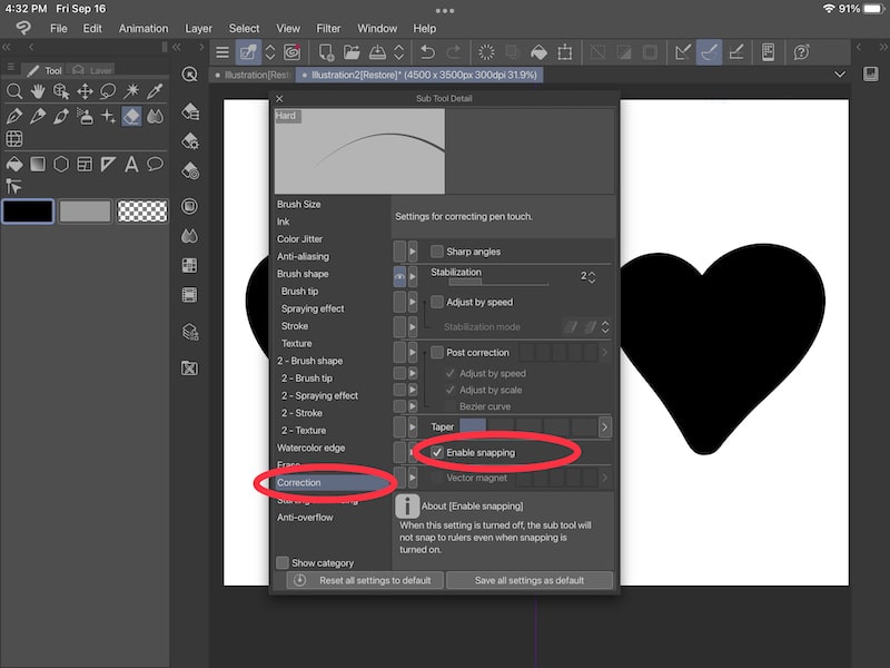 clip studio paint eraser correction enable snapping