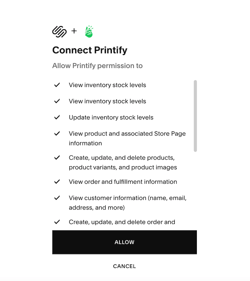 printify and squarespace connection access