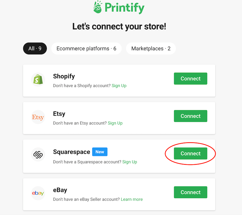 printify connect to squarespace