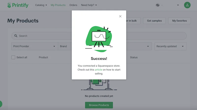 printify success screen integration with squarespace