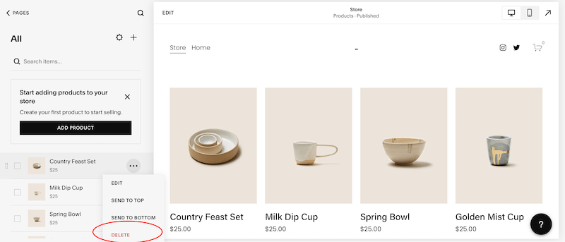squarespace deleting products