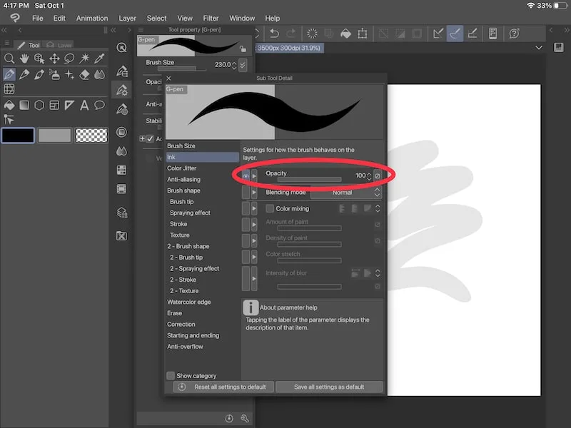 clip studio paint opacity slider in ink category